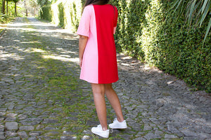 Vestido Ponto Roma - Vertical - Rosa e Vermelho